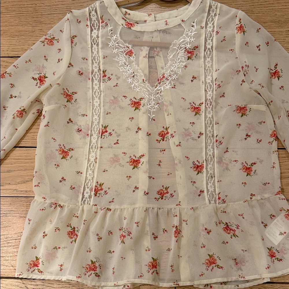Pins & Needles Cream Sheer Blouse with Pink Floral Embroidery